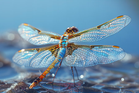 Dragonfly on a water surface. Macro photography of dragonfly.の写真素材