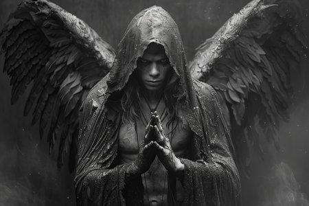 Angel with a cross on a dark background. Black and white.の写真素材