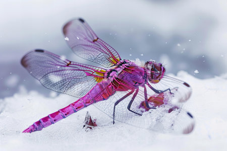 Macro of a dragonfly on a piece of ice in the snowの写真素材