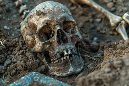 Skull and bones on the ground. The concept of death.の写真素材