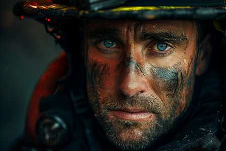 Portrait of a brave fireman with a painted face in a helmet.の写真素材