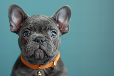 Portrait of a french bulldog puppy on a blue background.の写真素材