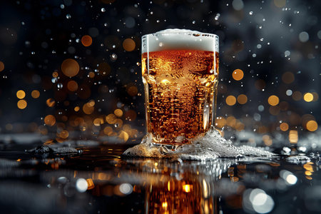 glass of beer on a dark background with snow and bokehの写真素材