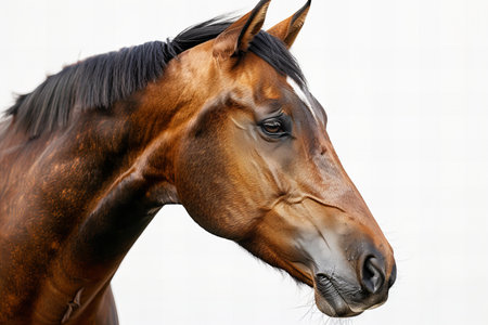 Portrait of a bay horse on a white background, close-up