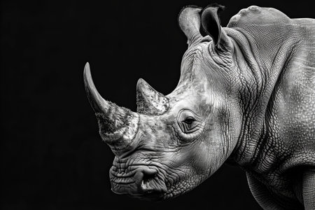 rhinoceros head isolated on black background in black and whiteの写真素材