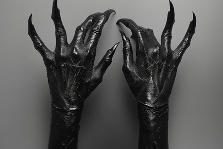 Female hands in black latex gloves on a gray background. Halloween.の写真素材
