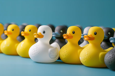 Rubber ducks and ducklings in a row on a blue backgroundの写真素材