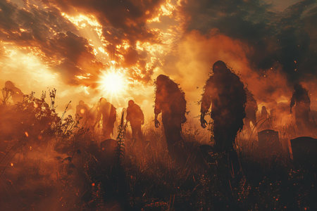 Silhouette of a group of zombies at sunset in the fieldの写真素材