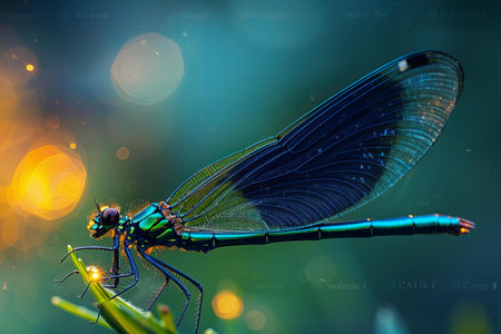 Blue dragonfly on a green leaf with bokeh background.の写真素材
