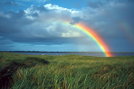 Rainbow over the sea in the evening. Landscape with rainbow.の写真素材