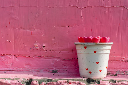White pot with red hearts on pink wall background. Valentines day conceptの写真素材
