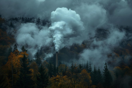 Smoke from the chimney of a power plant on the background of the forestの写真素材