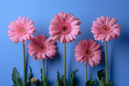 Pink gerbera flowers on blue background. Flat lay, top view.の写真素材