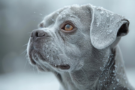 Portrait of a blue weimaraner dog in the snowの写真素材