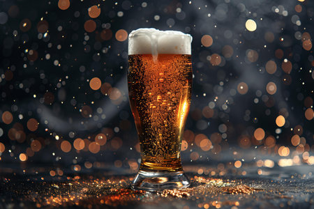 Glass of beer with foam on dark background with bokeh effectの写真素材