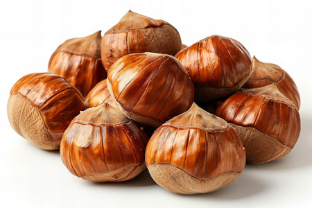 Group of hazelnuts on white background. Shallow dof.の写真素材