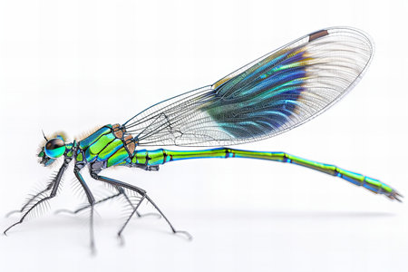 Blue damselfly isolated on white background. Macro closeup.の写真素材