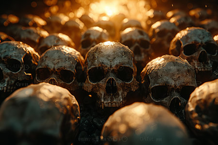 Skulls on the background of the sunset. Halloween concept.の写真素材