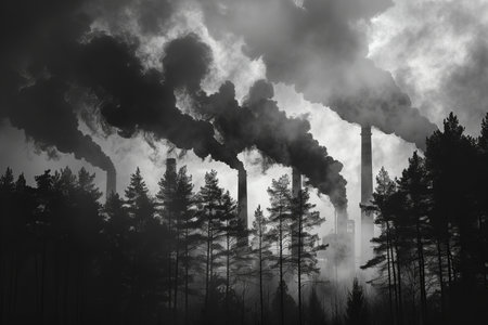 Black and white image of smoke coming out of pipes in a forestの写真素材