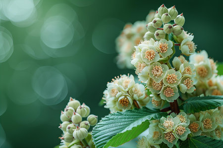 Flowering branches of a chestnut tree with green leaves.の写真素材