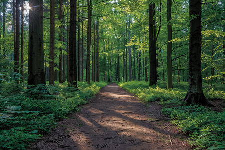 Sunlight in the green forest. Spring time. Beautiful nature background