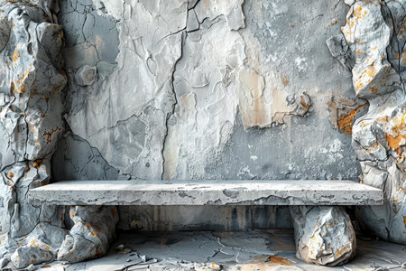 Empty bench with cracked concrete wall background. 3d render illustration.の写真素材