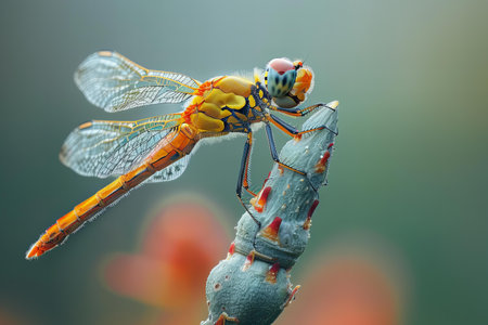 Orange dragonfly on a twig with leaves and flowers in the backgroundの写真素材