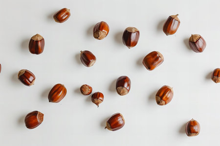 Autumn pattern with chestnuts on white background. Flat lay, top view.の写真素材