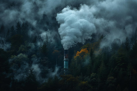 Smoke from the chimney of a power plant in the forestの写真素材
