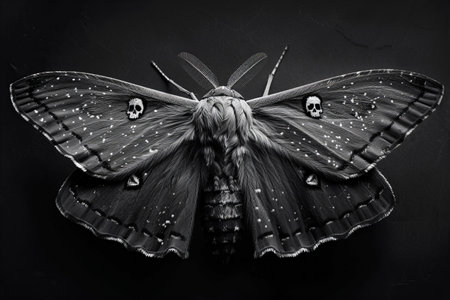 Black and white image of a moth on a black background. Close-up.の写真素材
