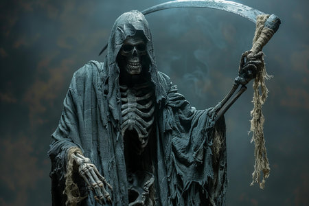 Scary skeleton holding scythe over dark background. Halloween concept.の写真素材