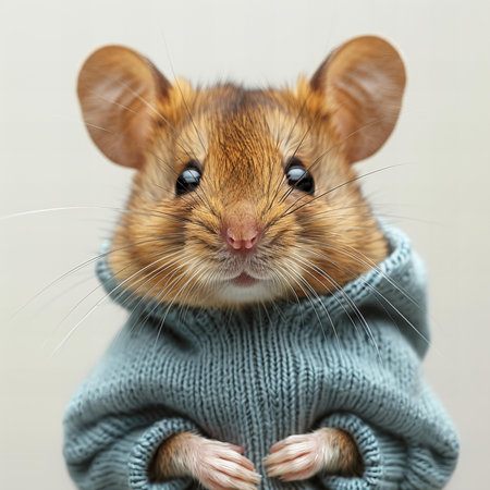 Hamster in a warm knitted sweater on a gray background.の写真素材