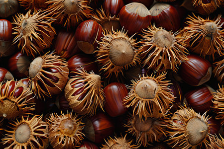 Close up of chestnut background. Top view. Selective focus.