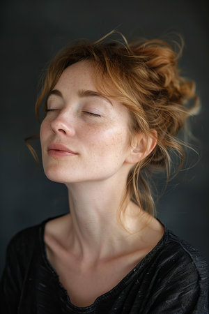 Portrait of a red-haired girl with freckles on her face