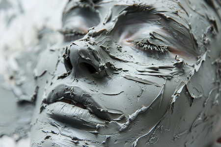 Closeup of woman face with black cosmetic clay mask, studio shotの写真素材