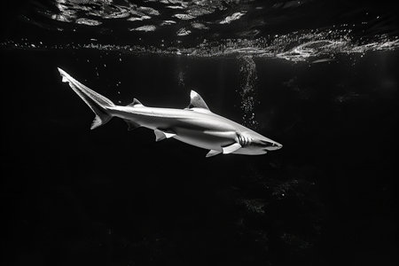 Black and white photo of a shark in the dark water. Shallow depth of fieldの写真素材