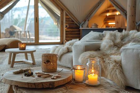 Interior of a modern house with a tent, candles and furの写真素材