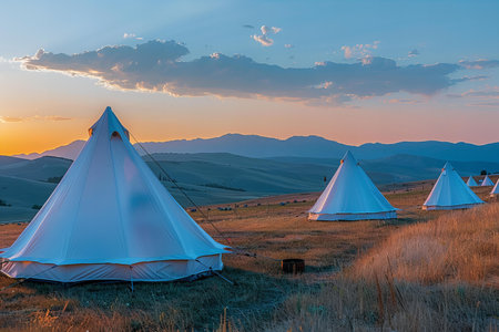 White tents on the grassland at sunset in the Carpathian mountains
