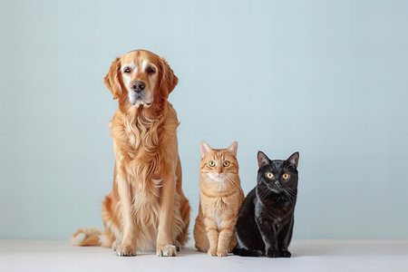 Golden Retriever, cat and dog on a gray background.の写真素材