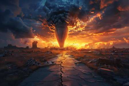 A nuclear power plant in the desert at sunset. 3d renderの写真素材