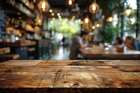 Empty wooden table and Coffee shop blur background with bokeh image.の写真素材