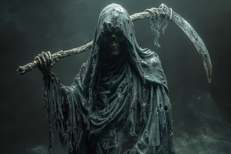 Scary halloween ghost with scythe on dark backgroundの写真素材