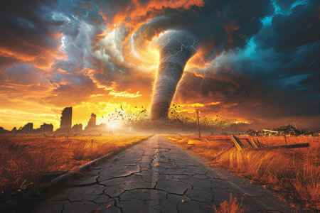 Dangerous tornado on the road at sunset. 3d renderの写真素材