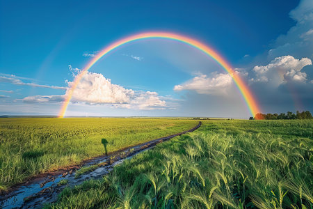 Rainbow over green wheat field. Beautiful summer landscape with rainbow.の写真素材
