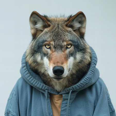Portrait of a wolf on a gray backgroundの写真素材