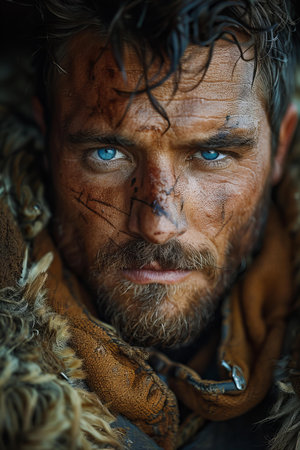 close-up portrait of a man with a beard and mustache in the image of an ancient warriorの写真素材