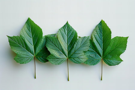 Green leaves on a white background. Flat lay, top view.の写真素材