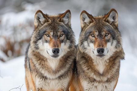 Two gray wolf (Canis lupus) in winter forest