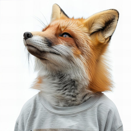 Portrait of a red fox in a hoodie on a white background