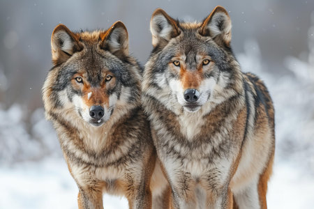 Two wolves in the winter forest. Canis lupus lupus.